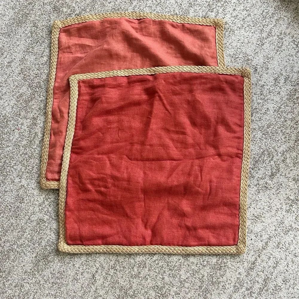 Pottery Barn Rust & Tan Raffia Trimmed Pillow Covers 20”x20”